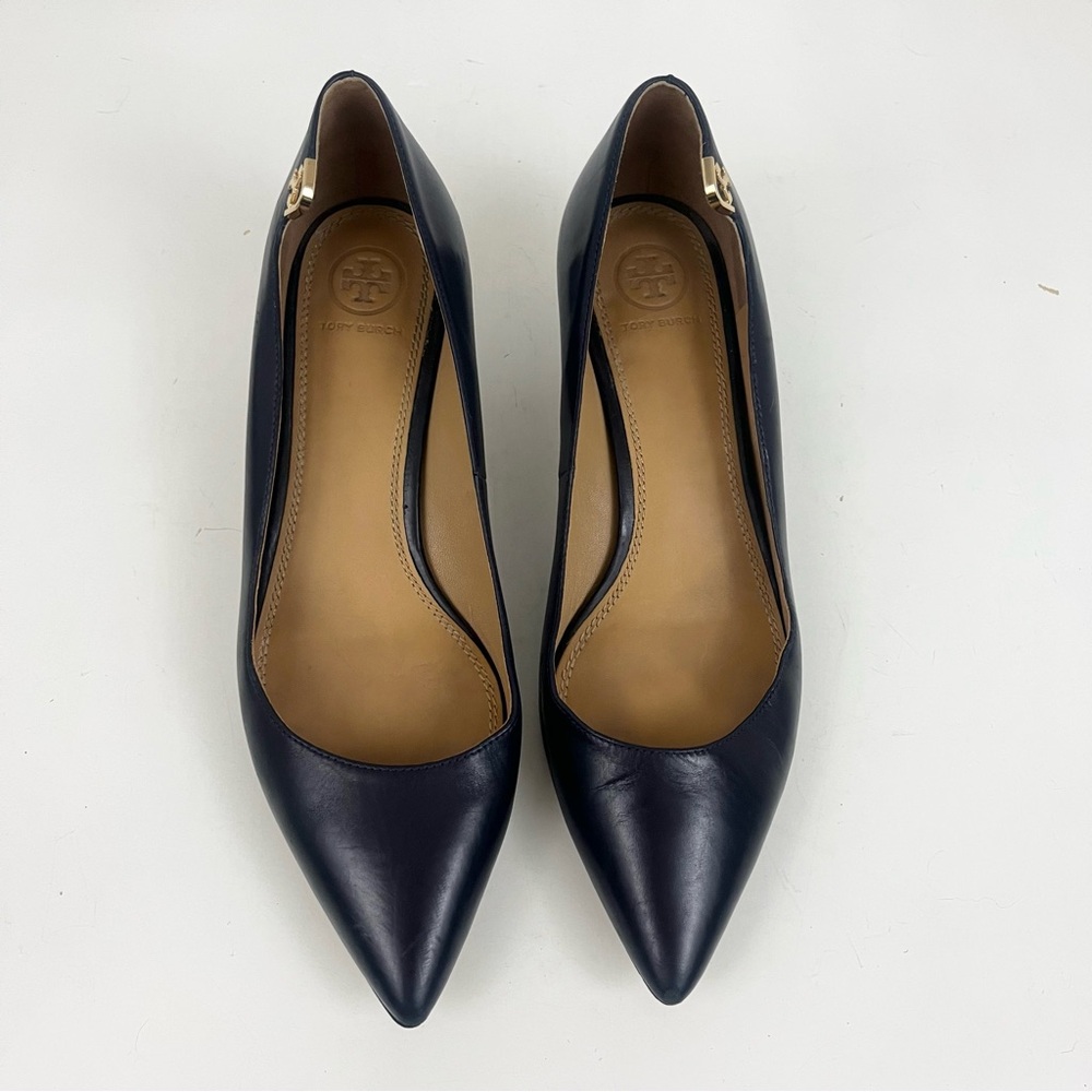 Tory Burch Elizabeth Kitten Low-Heel Navy Leather Pumps Women’s Size 8.5